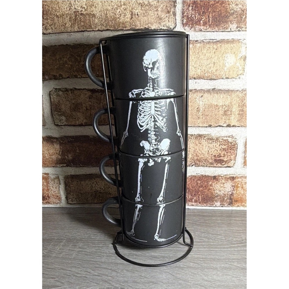 Stackable Skeleton Black Ceramic Coffee Mug Set of 4, 16 fl oz‎ Halloween